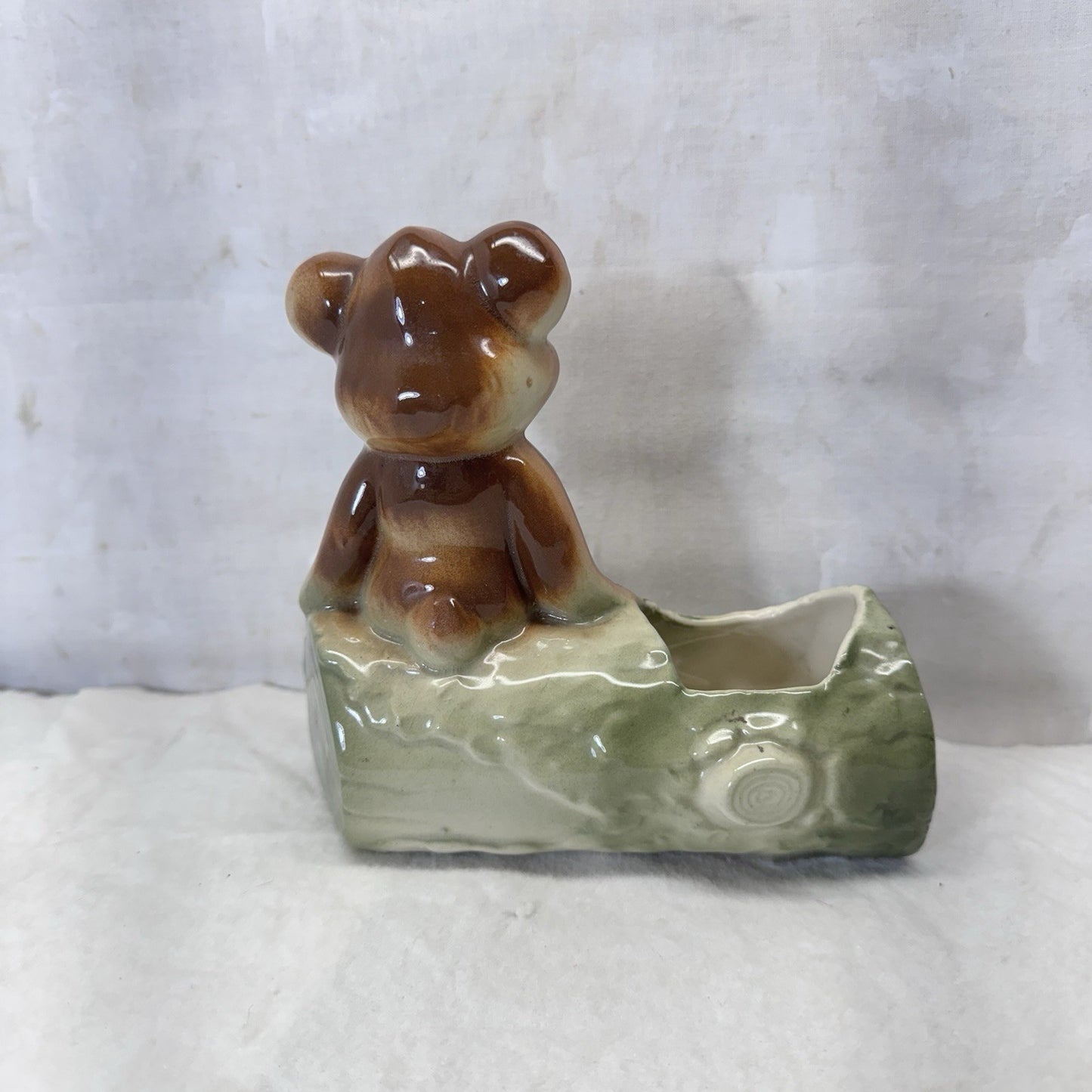 Bear On Log Planter Vintage Ceramic