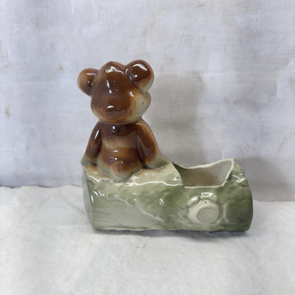 Bear On Log Planter Vintage Ceramic