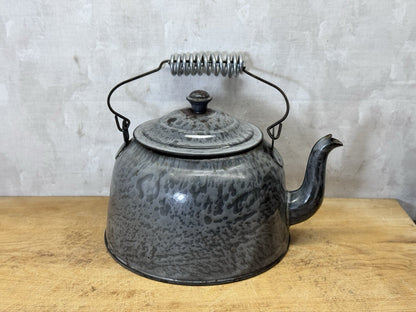 Grey French Swirl Splatter Enamelware Tea Pot Vtg #S-1872