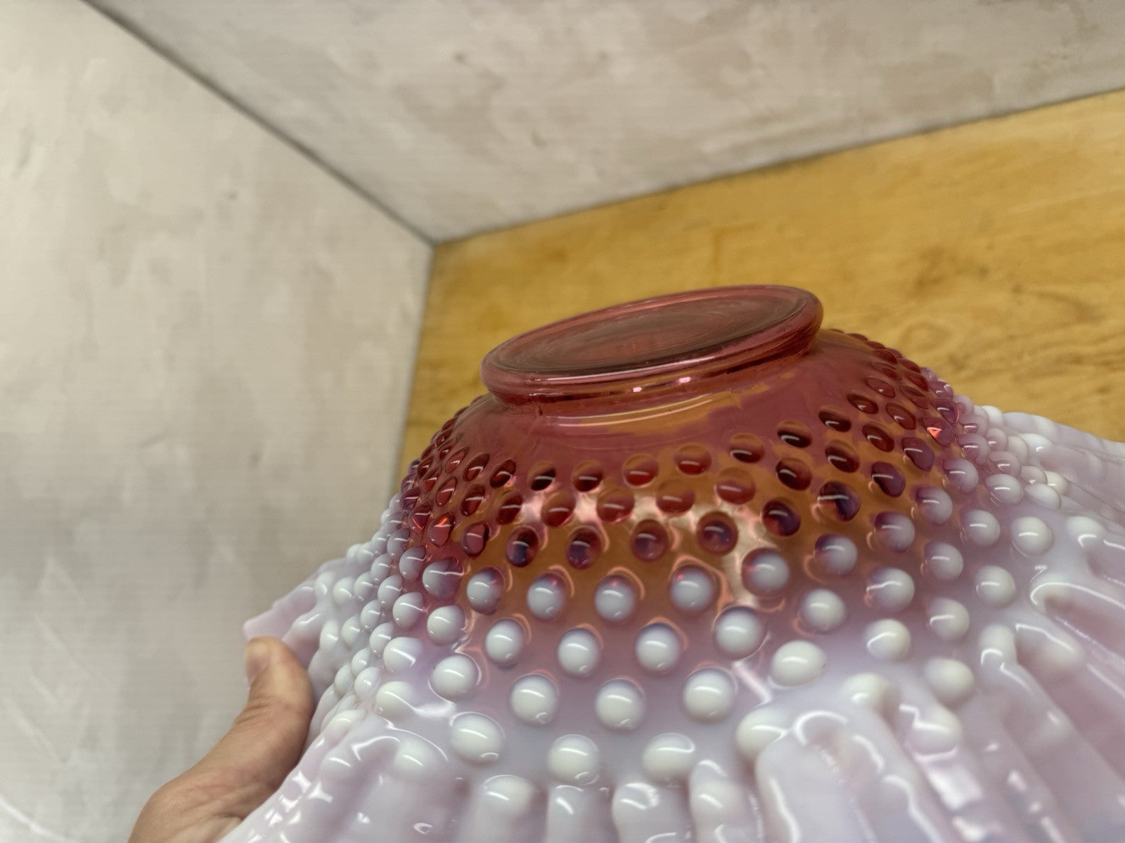 Vintage Fenton Cranberry Glass Bowl Dish Hobnail Opalescent Ruffle #1335