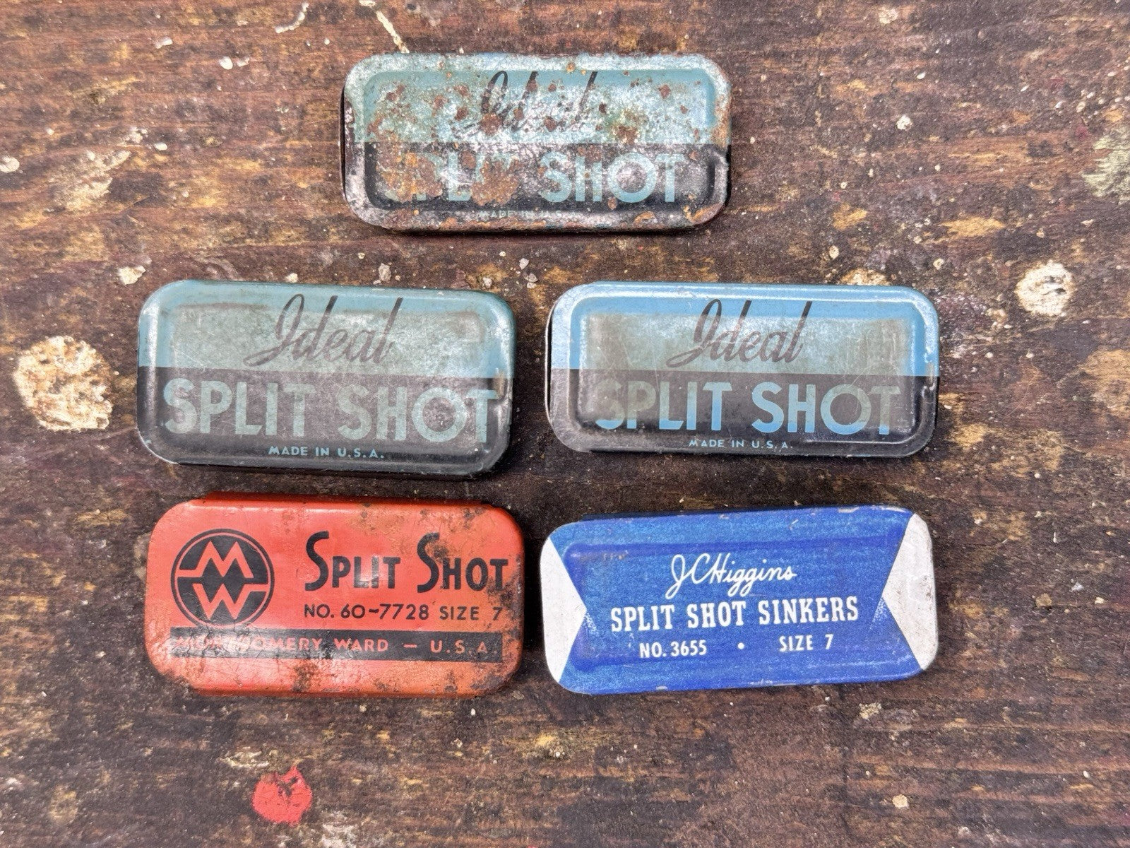 5 Vintage Split Shot Fishing Tins  Some W/contents #1002