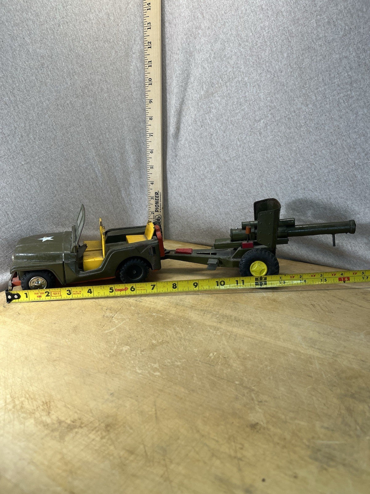 Vintage Tin Friction Jeep W/ Toy Working Spring Howitzer Gun