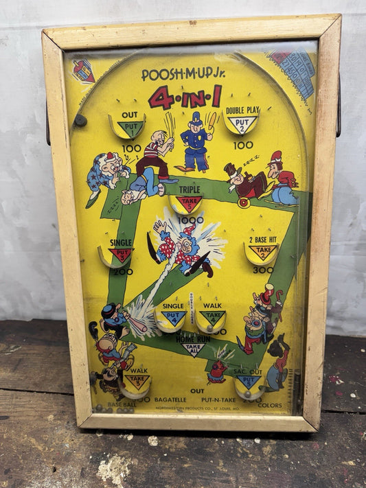 Antique Poosh-M-Up Jr. Baseball Tabletop Pinball 4 in 1 Game 1920-30s #1016