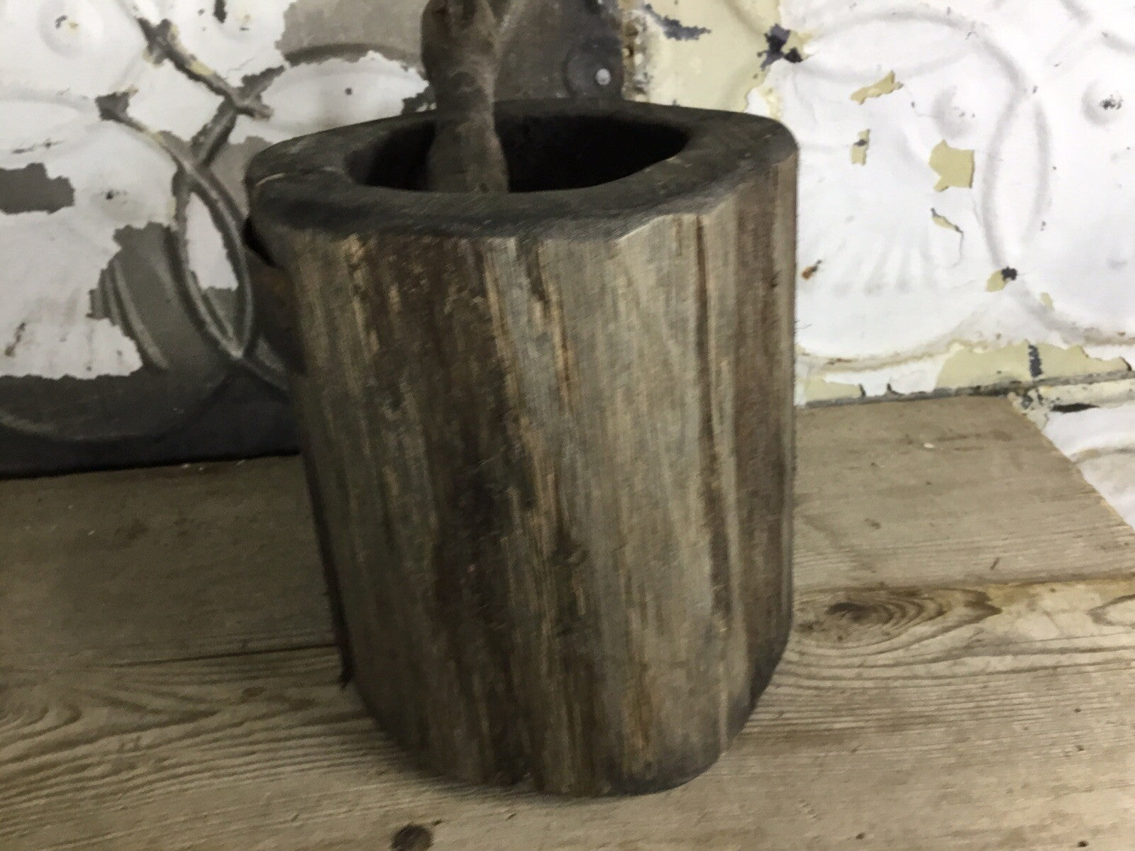 Primitive Antique Morter And Pestal With Repairs, Farm Decor, Home Decor