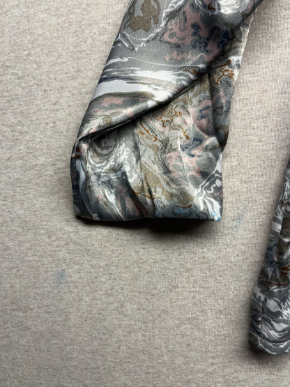 1980s Women’s 3/4 Sleeve  Brown Print Nylon Top Padded Shoulders