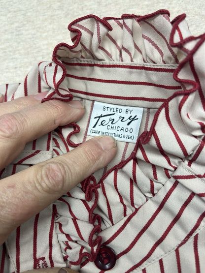 1970s, 80s Women’s Ruffled Red Striped L Sleeve Cotton Top