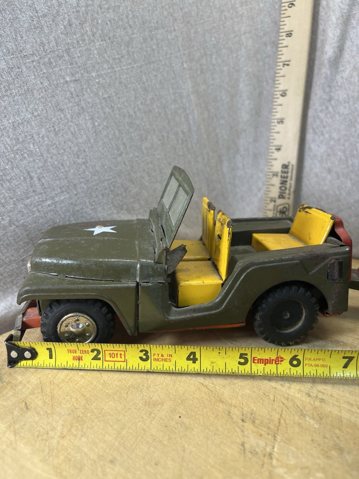 Vintage Tin Friction Jeep W/ Toy Working Spring Howitzer Gun