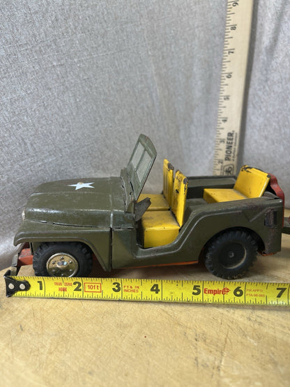 Vintage Tin Friction Jeep W/ Toy Working Spring Howitzer Gun