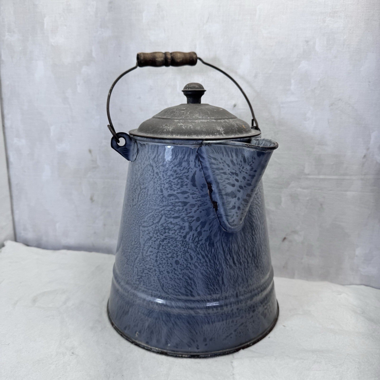 Grey Enamelware Splatter Swirl Mottled Coffee Pot Vintage