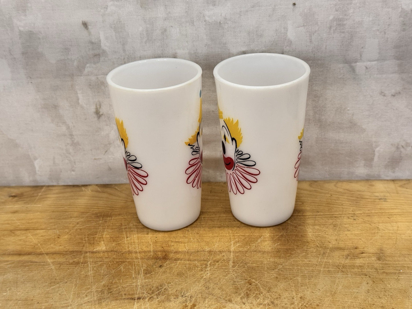 Hazel Atlas Carnival Clown Cups 2 Milk Glasses Vtg