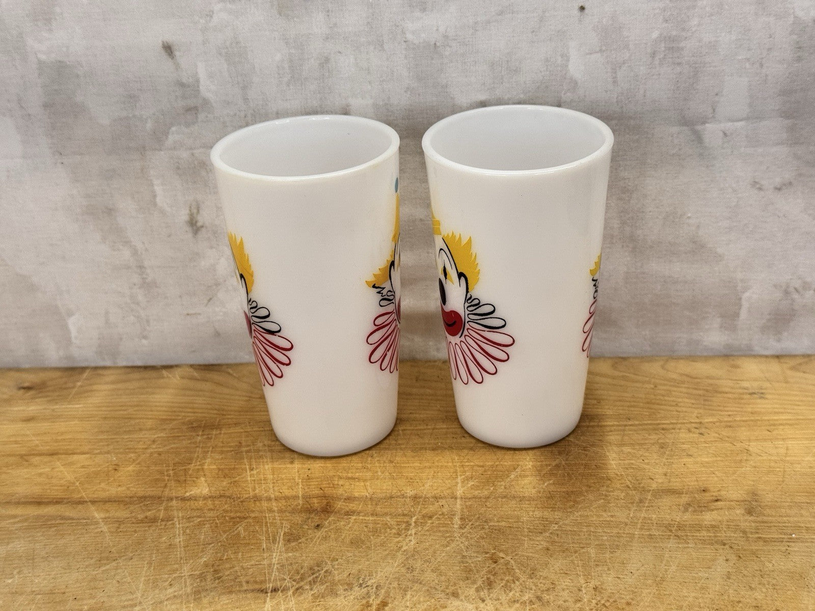 Hazel Atlas Carnival Clown Cups 2 Milk Glasses Vtg