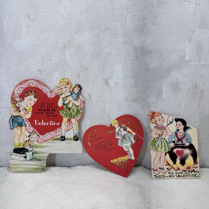 Three Vintage Paper Valentines Day Cards 