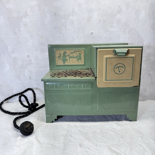 Child’s Metal Green Toy Electric Stove Vintage 