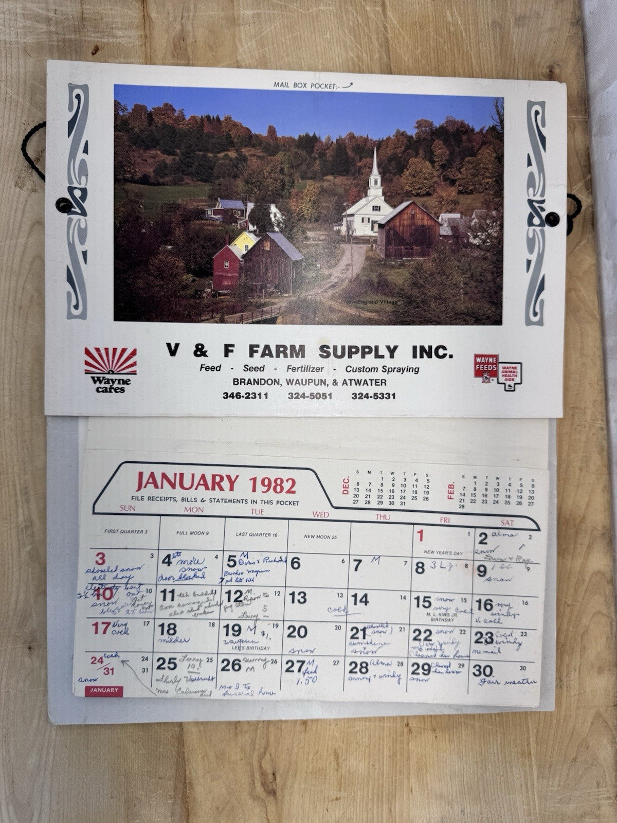 Brandon Waupun Atwater Wisconsin Calendar Advertisement 1982 #1413