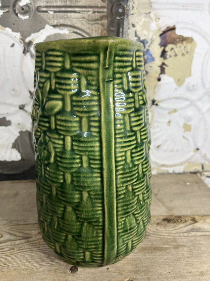 Primitive Antique Greenware Basket Weave Pitcher, Collectible,home Decor 