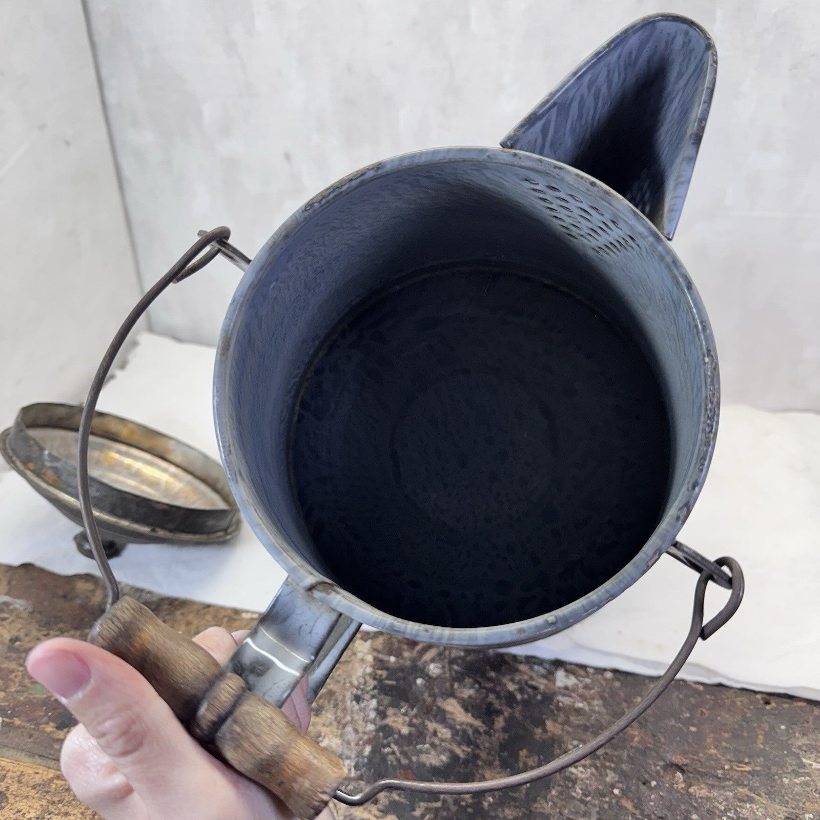 Grey Enamelware Splatter Swirl Mottled Coffee Pot Vintage