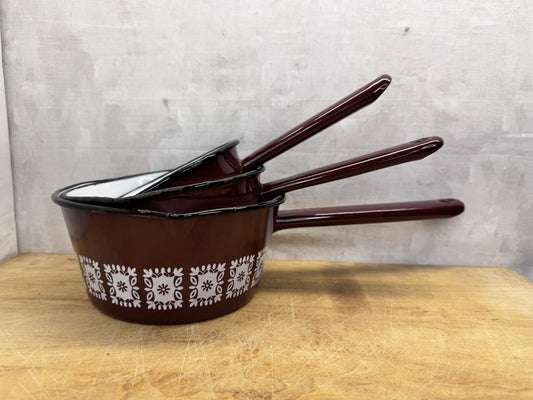 Set Of Three Enamel Brown Floral Pots Vtg #1381