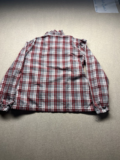1970s Women’s Ruffled Red & Grey Flannel L Sleeve Top