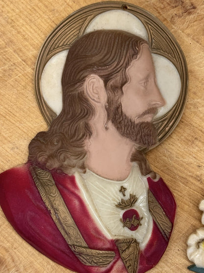 Mid Century Celluloid Religious Jesus And Mary Wall Plaques#1322
