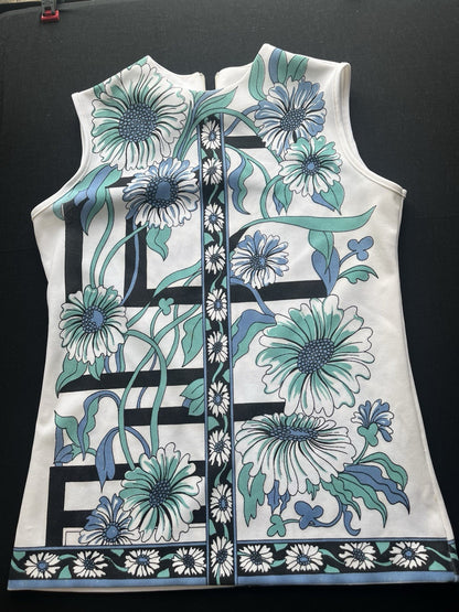 1960s, 70s Women’s Smartique Blue Flowered Sleeveless Knit Shirt