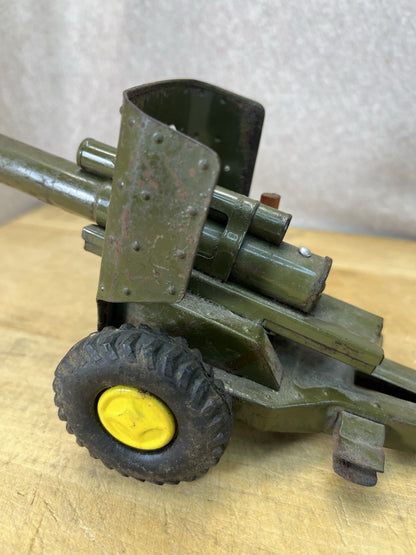 Vintage Tin Friction Jeep W/ Toy Working Spring Howitzer Gun