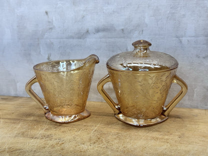 Vtg Jeanette Glass Floragold Louisa Creamer & Sugar Bowl With Lid #1447