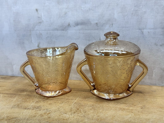 Vtg Jeanette Glass Floragold Louisa Creamer & Sugar Bowl With Lid #1447