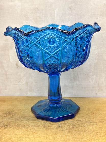 Vintage LE Smith Stars And Bars Turquoise Aqua Blue Glass Pedestal Compote Dish