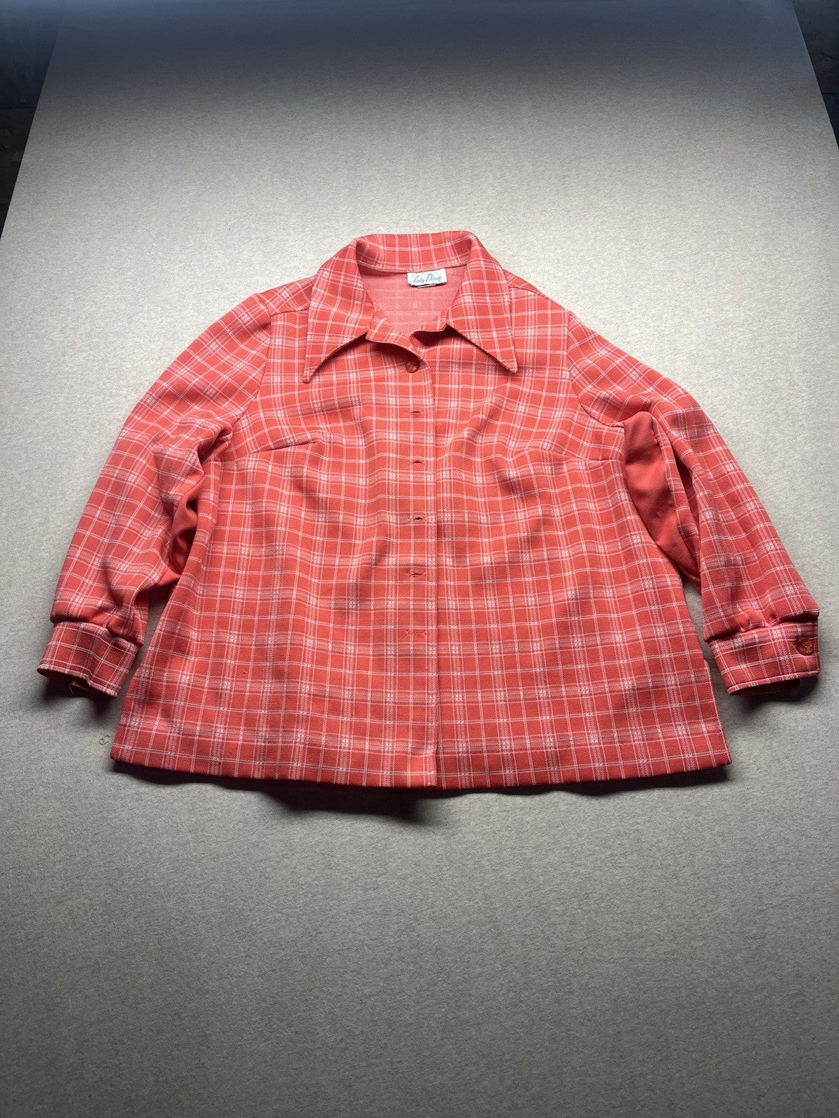 1970s Women’s Peach Plaid L Sleeve Knit Top