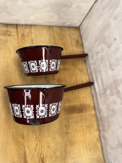 Set Of Three Enamel Brown Floral Pots Vtg #1381