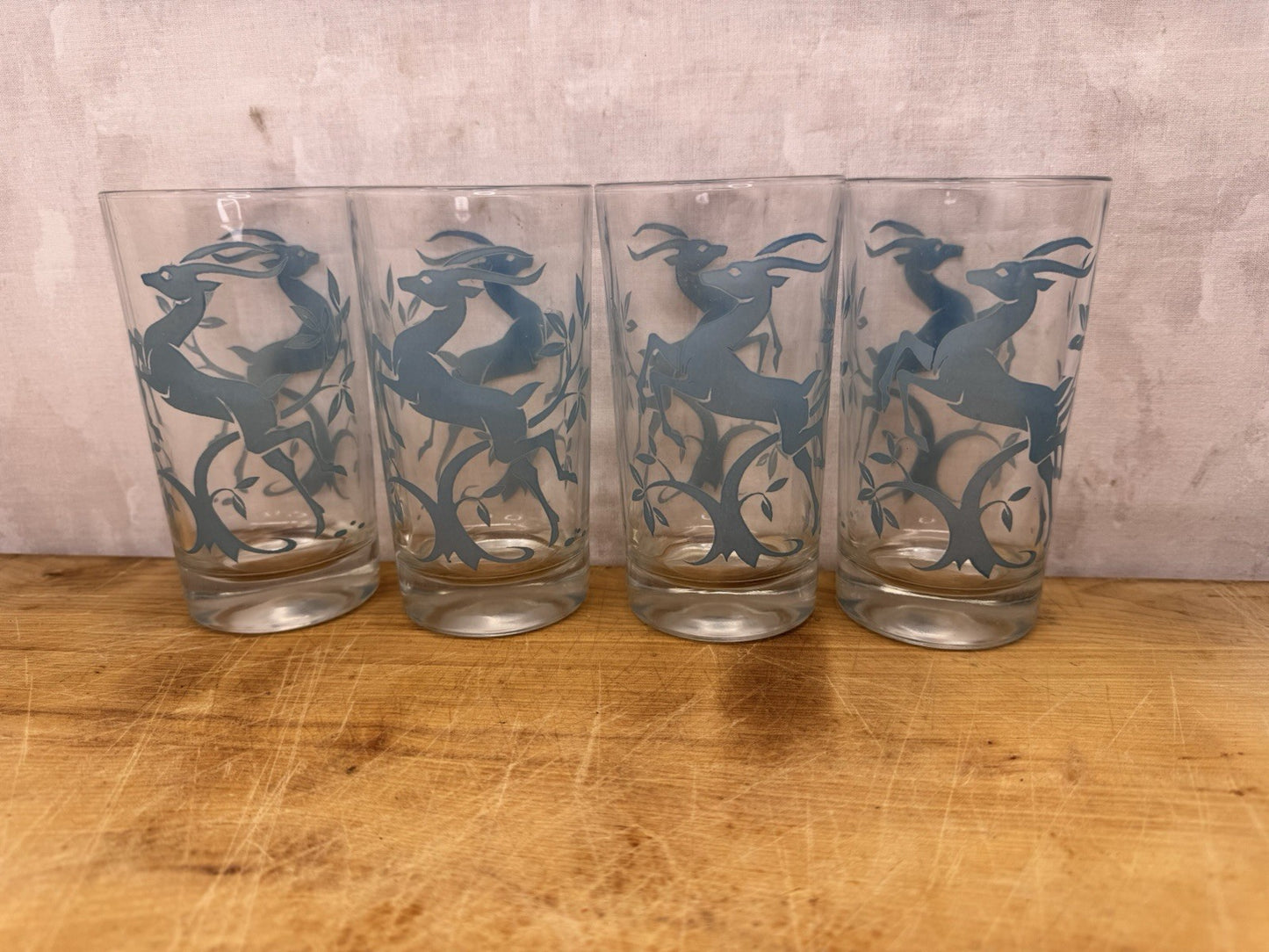 Blue Reindeer Set Of Four Clear Glass Vintage #1210