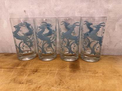 Blue Reindeer Set Of Four Clear Glass Vintage #1210