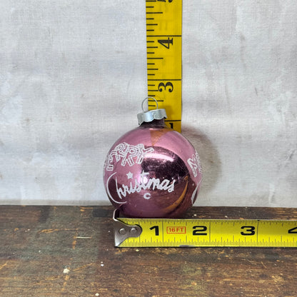 Pink Stenciled Merry Christmas Glass Ornament Vintage #2068