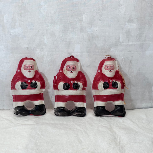3 Thin Plastic Santa Cut-Out Ornaments Flawed Vintage #2096