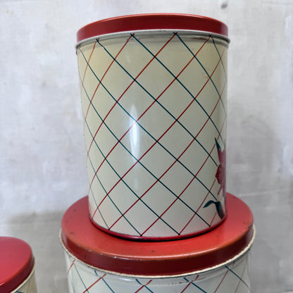 Red Green Floral Kitchen Canister Christmas Tin Set Vintage #2195