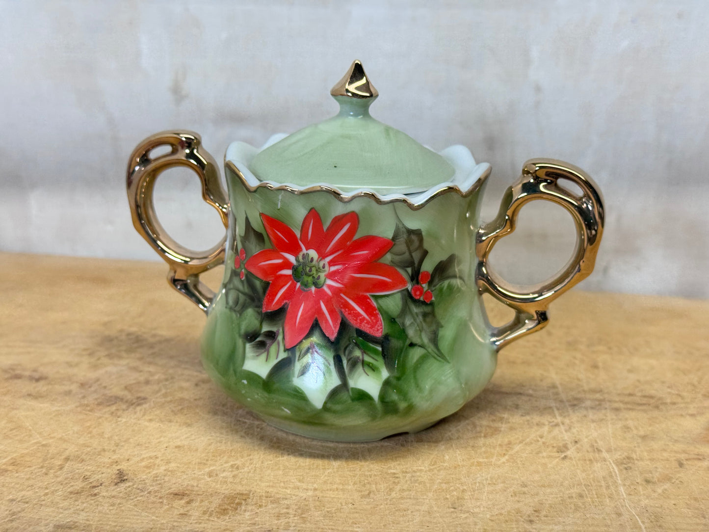 Lefton China Poinsettia Sugar Dish Vintage #1732