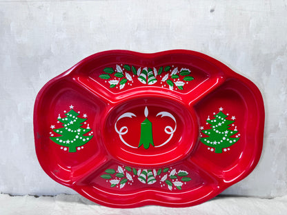 Christmas Hard Plastic Red Serving Tray Vintage #2074