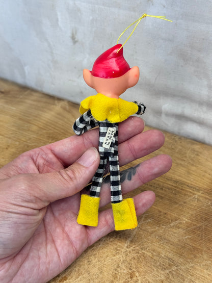 Vintage Christmas Knee Hugger Elf Pixie Black Plaid Japan Ornament #1633