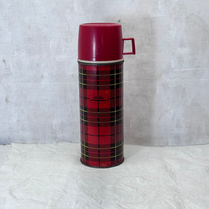 Red Black Plaid Christmas Thermos Metal Vintage #2053