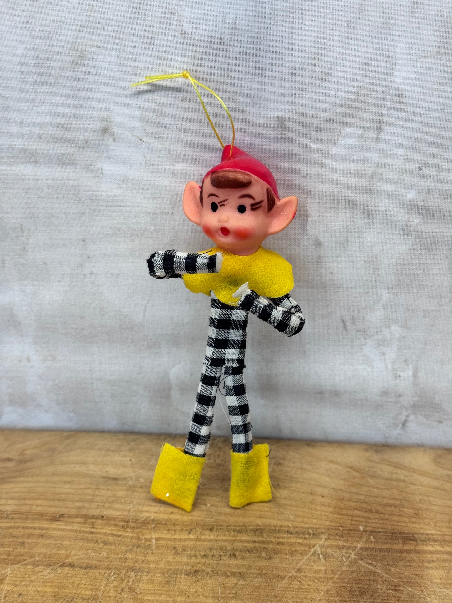 Vintage Christmas Knee Hugger Elf Pixie Black Plaid Japan Ornament #1633