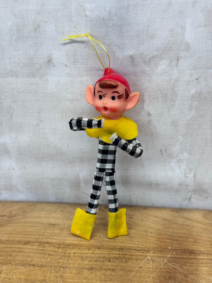 Vintage Christmas Knee Hugger Elf Pixie Black Plaid Japan Ornament #1633