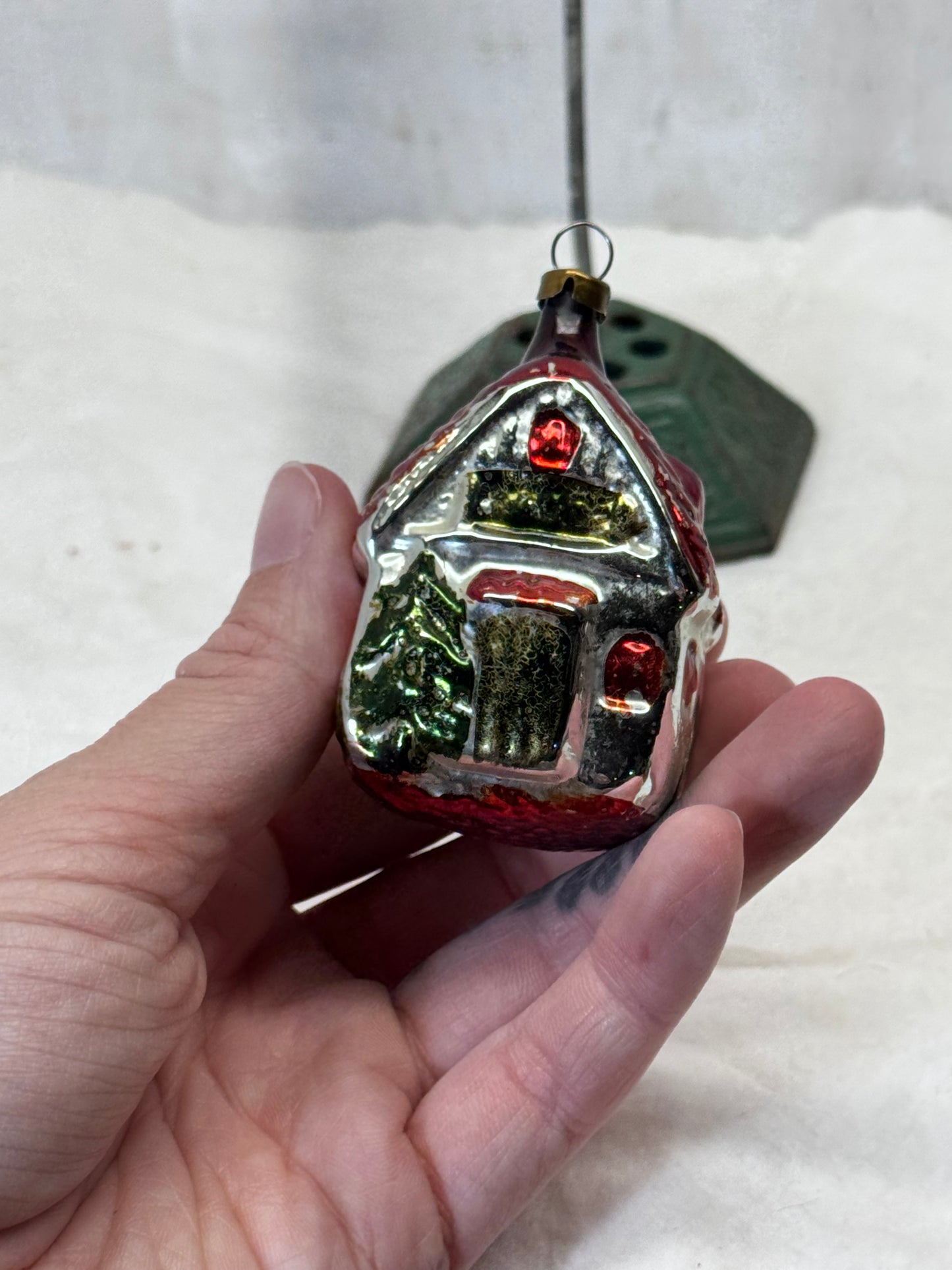 Vintage Christmas Painted House Glass Ornament #1793