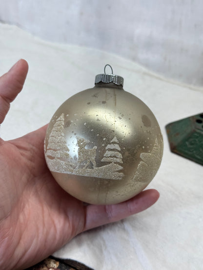 Shiny Brite Glass Deer Trees Stenciled Glass Ornament #2154