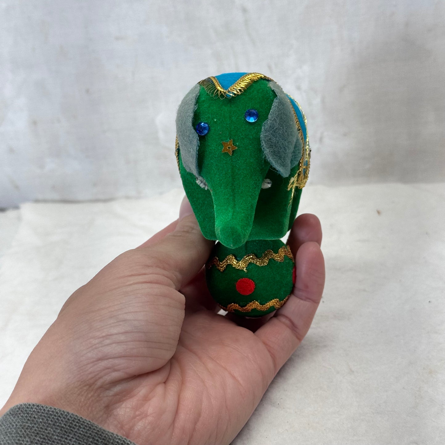 Flocked Green Circus Elephant Ornament  Vintage Japan #2146