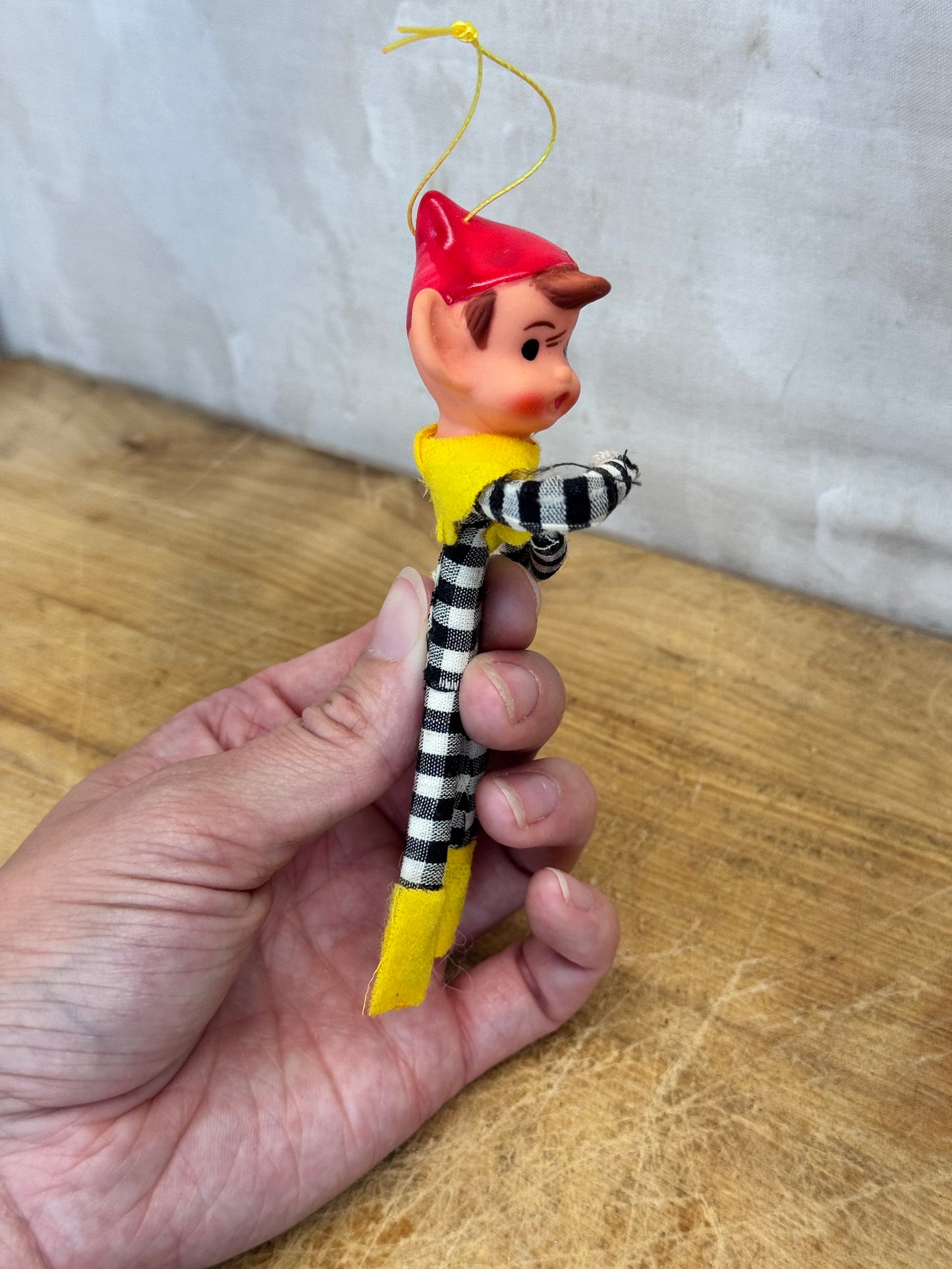 Vintage Christmas Knee Hugger Elf Pixie Black Plaid Japan Ornament #1633