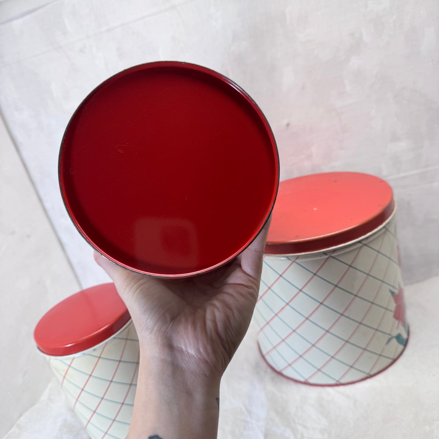 Red Green Floral Kitchen Canister Christmas Tin Set Vintage #2195