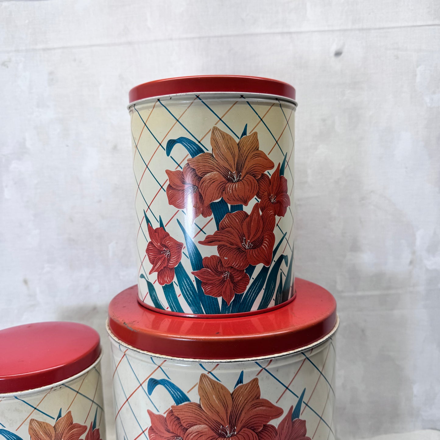 Red Green Floral Kitchen Canister Christmas Tin Set Vintage #2195