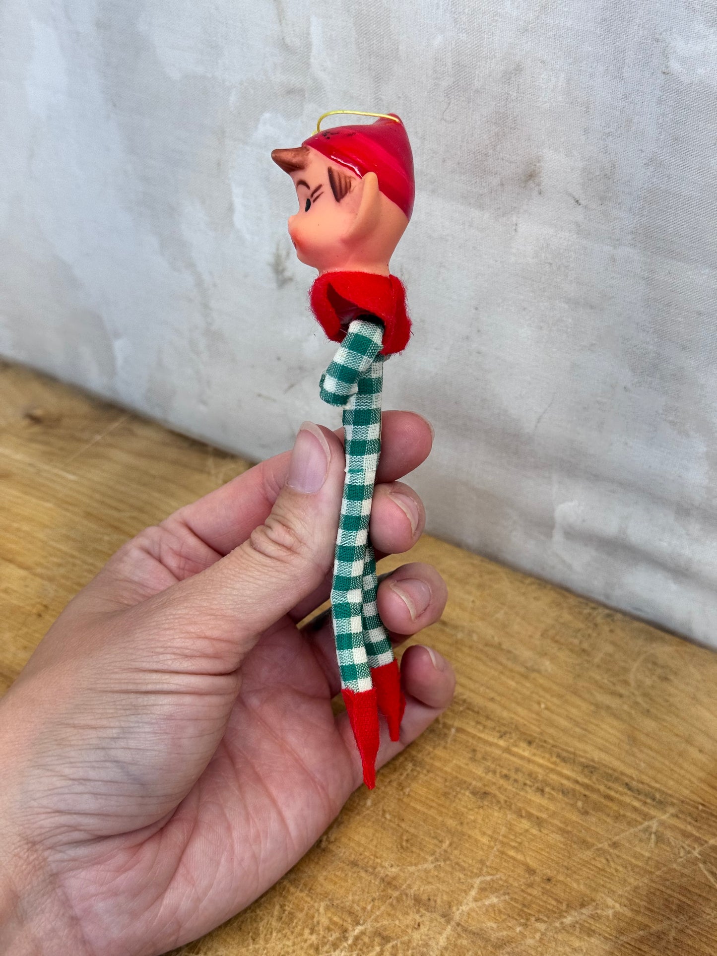 Vintage Christmas Knee Hugger Elf Pixie Green Plaid Japan Ornament #1632