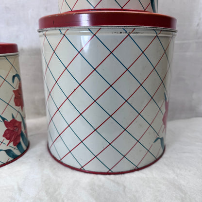 Red Green Floral Kitchen Canister Christmas Tin Set Vintage #2195