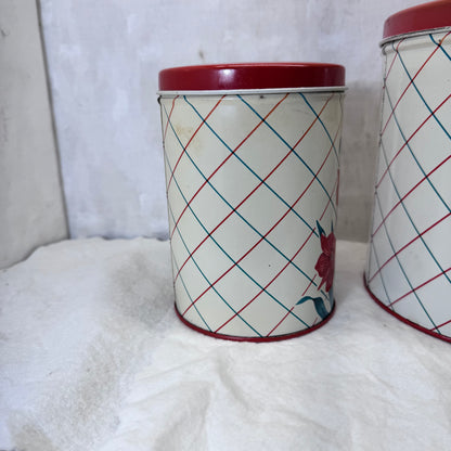 Red Green Floral Kitchen Canister Christmas Tin Set Vintage #2195